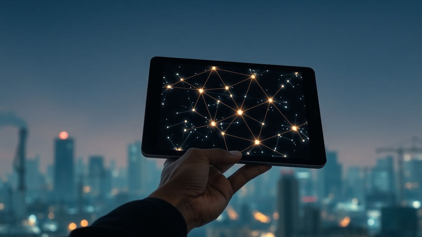 Digital tablet showing carbon tracking network over cityscape.