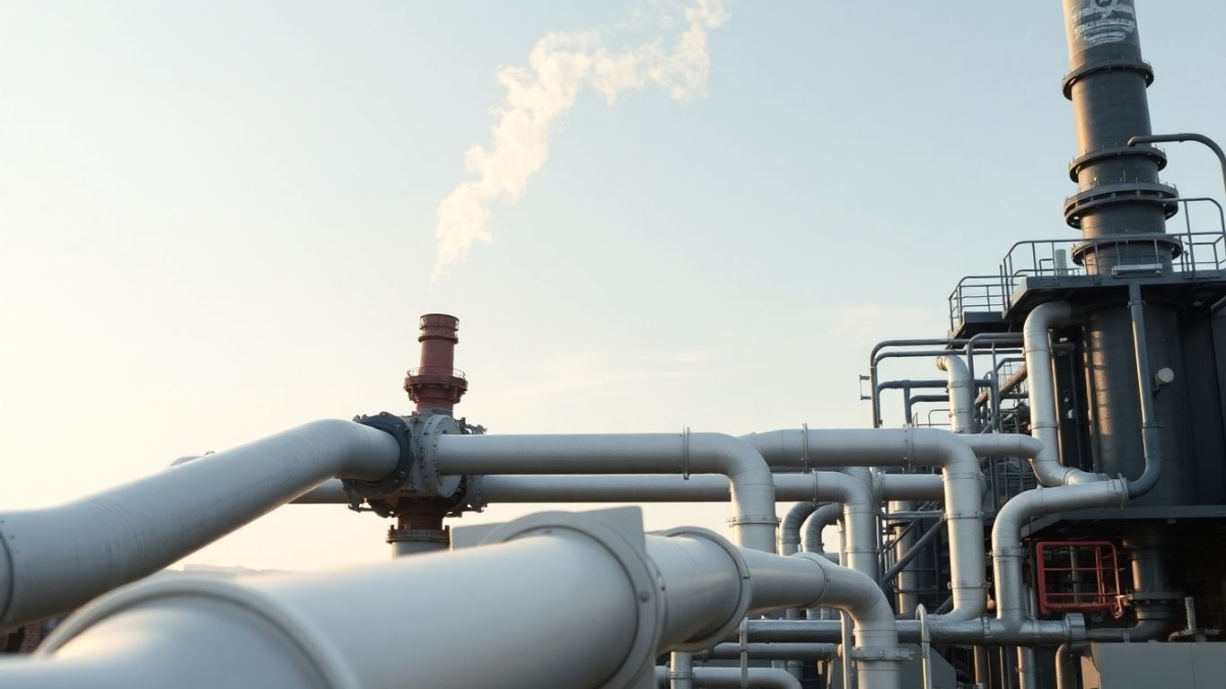 Industrial pipes and machinery with smoke against a sky.