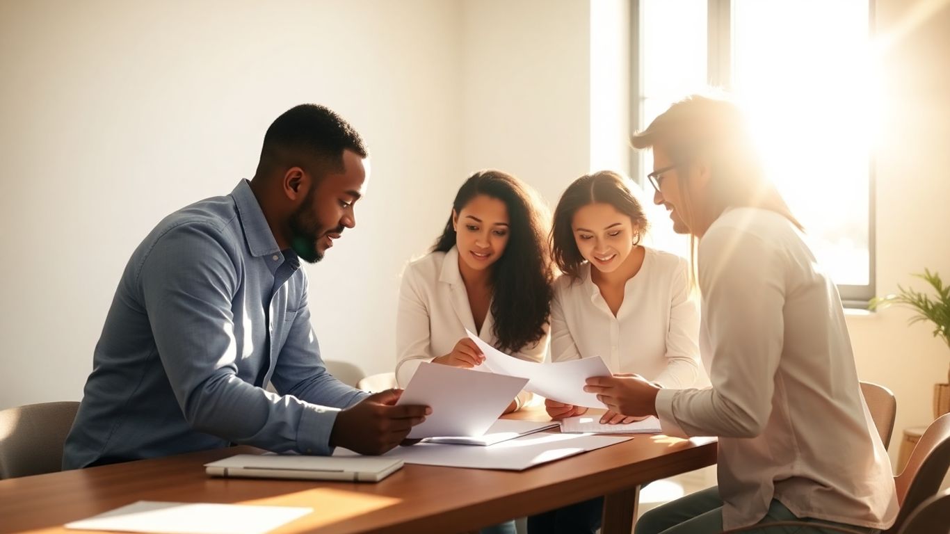 Team discussing sustainability reporting documents.
