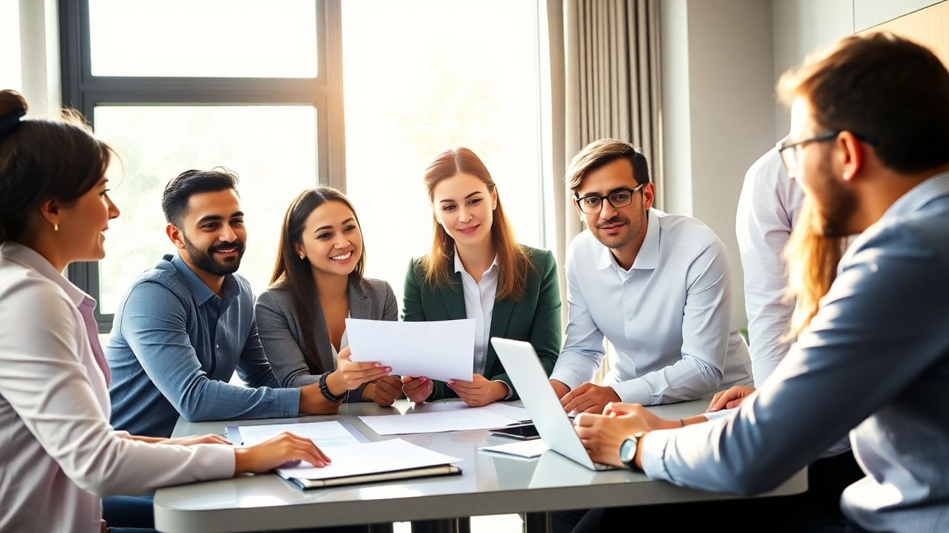 Business professionals discussing sustainability reporting strategy.