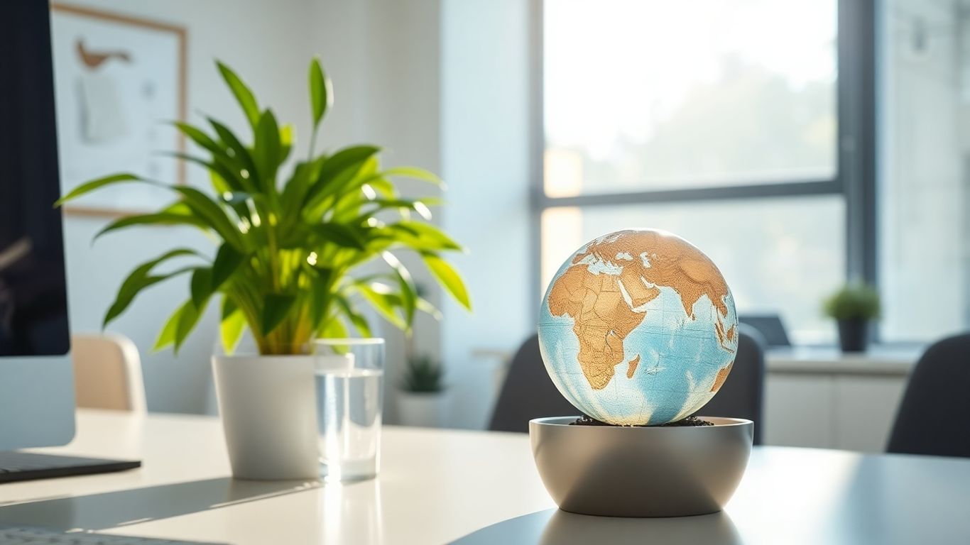 Globe integrated into a desk plant in an office.