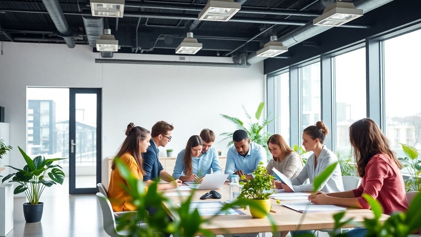 Professionals discussing greenhouse gas accounting in an office.