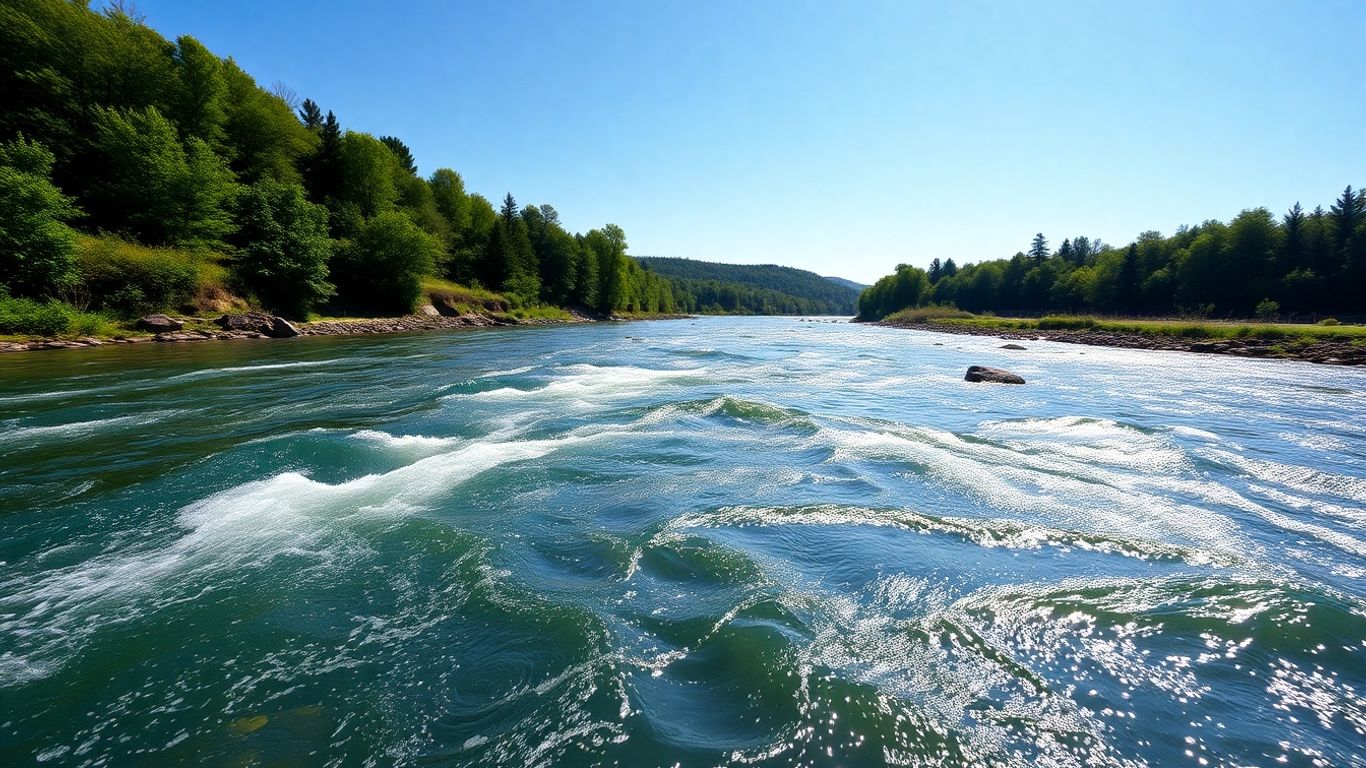 Flowing river with green banks and sunlight on water.