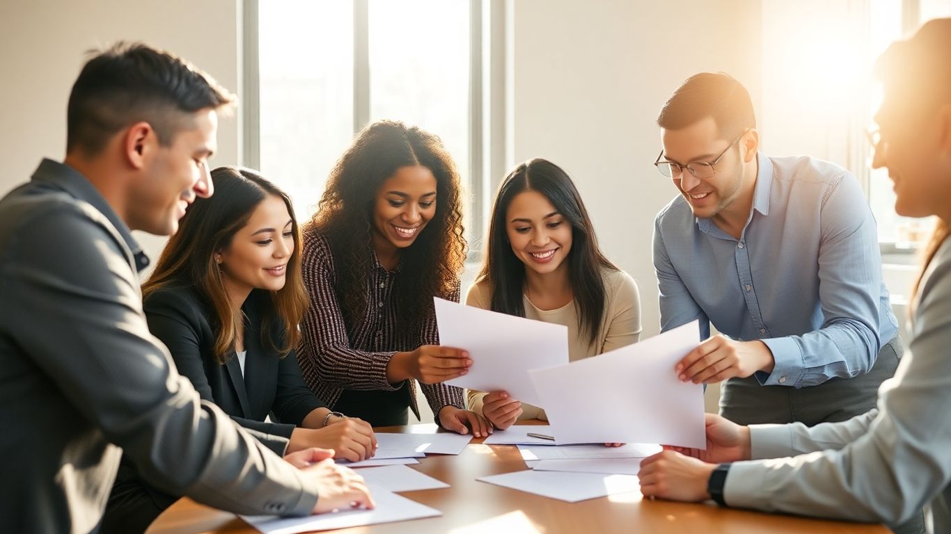 Team discussing sustainability reporting documents.