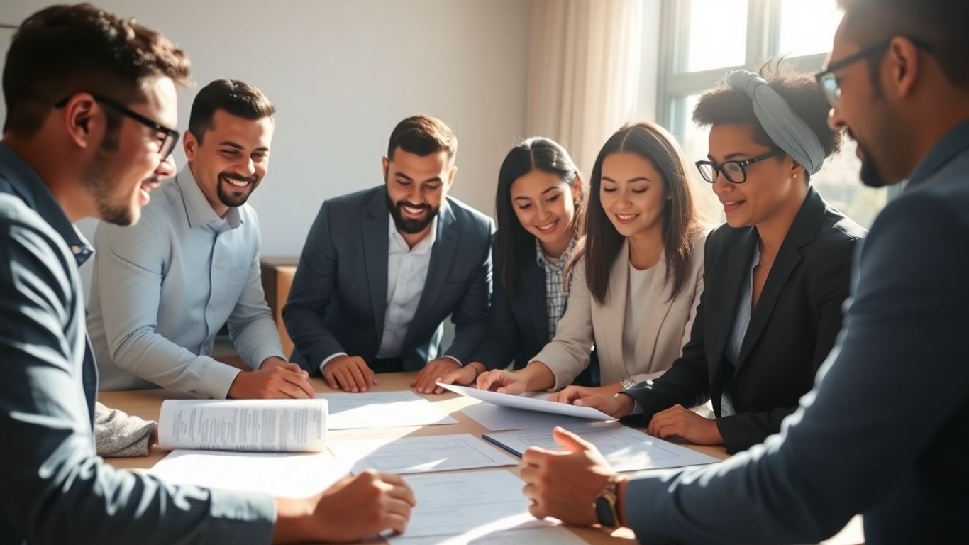 Professionals collaborating on sustainability reporting documents.