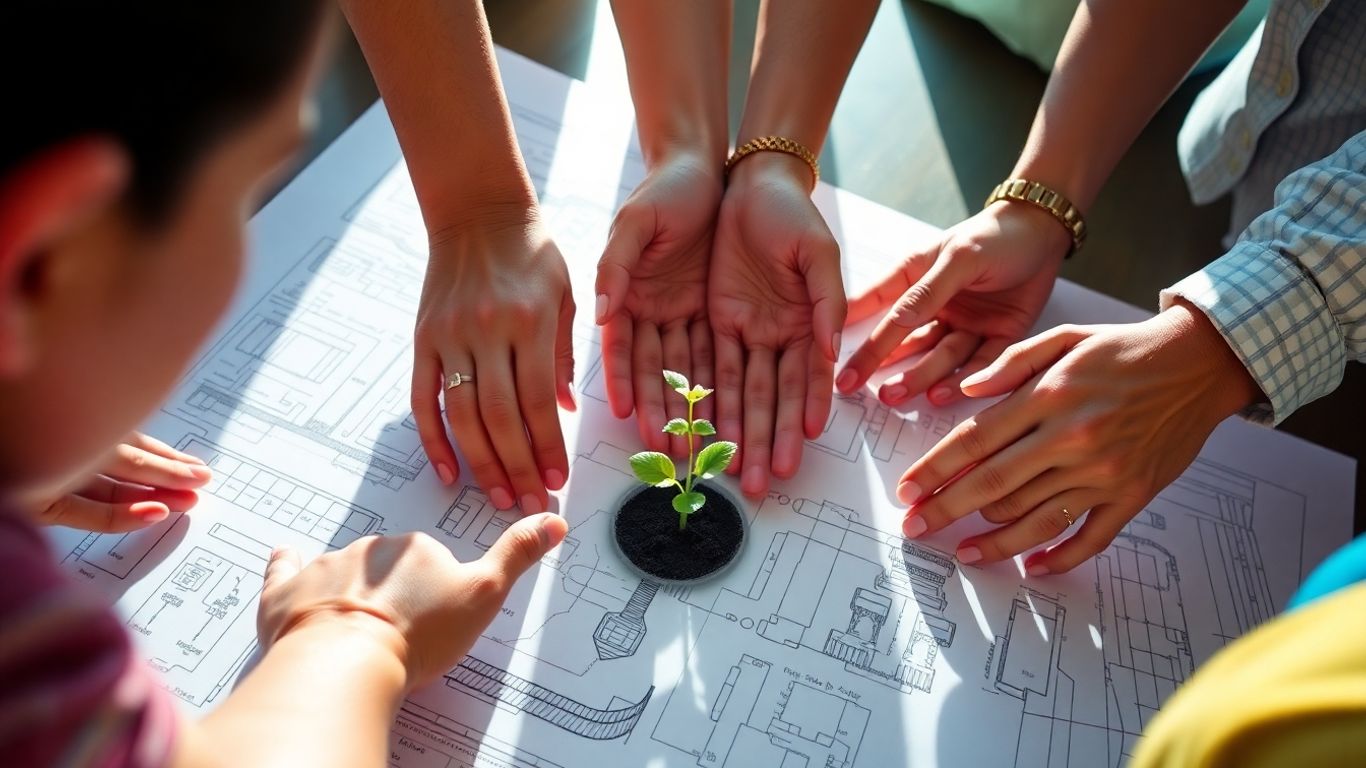 Hands collaborating on a blueprint with a green sprout.