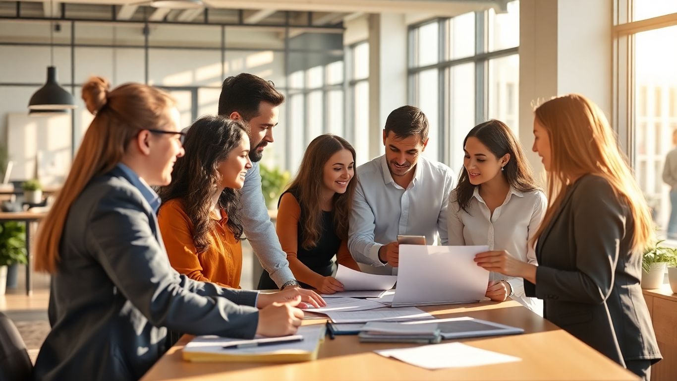 Business professionals collaborating on CSR initiatives in a modern office.