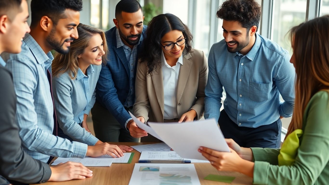 Professionals discussing sustainability management strategies.