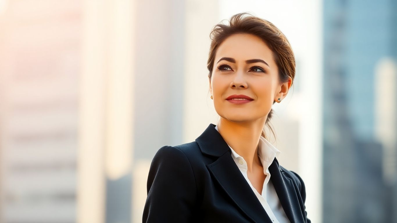 Professional woman in suit, cityscape background