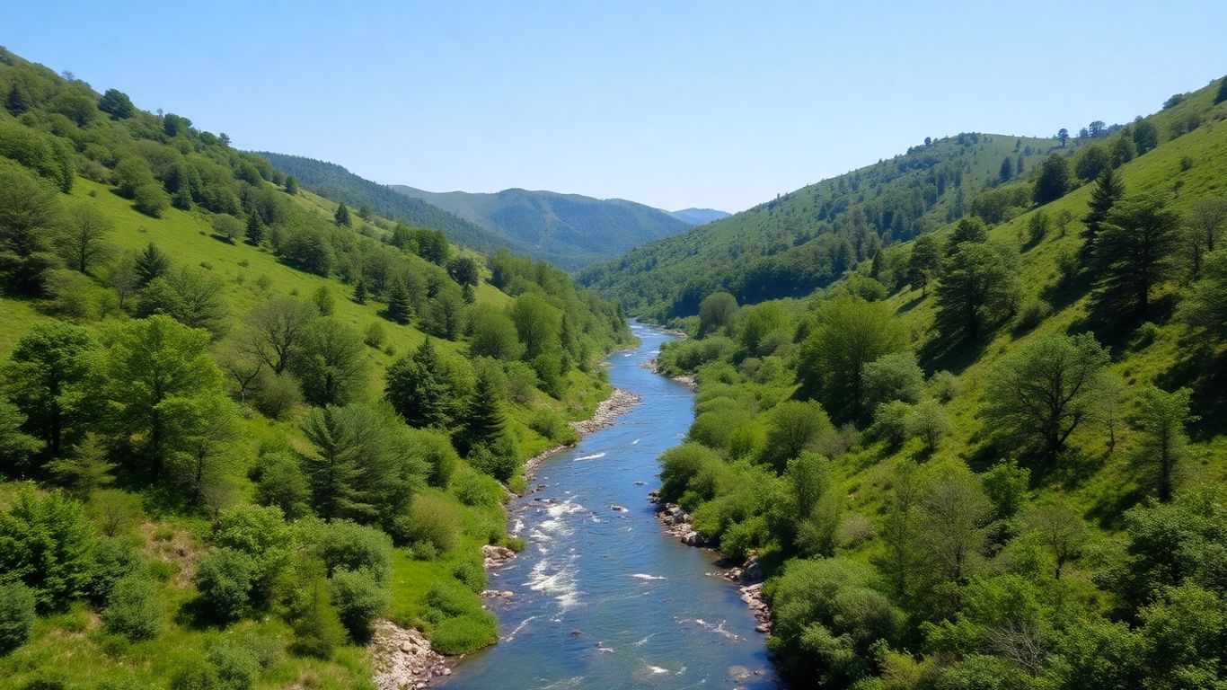 Lush watershed landscape with a clear river.
