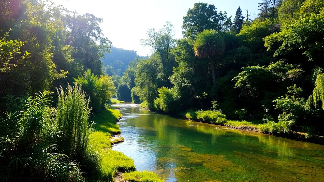 Lush watershed with a clear river flowing.