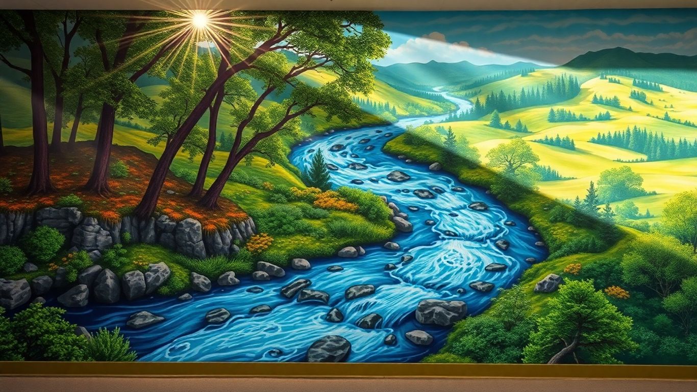 Watershed graphic mural with river and green landscapes.