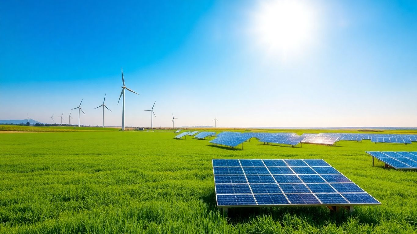 Wind turbines and solar panels in a sunny, green landscape.