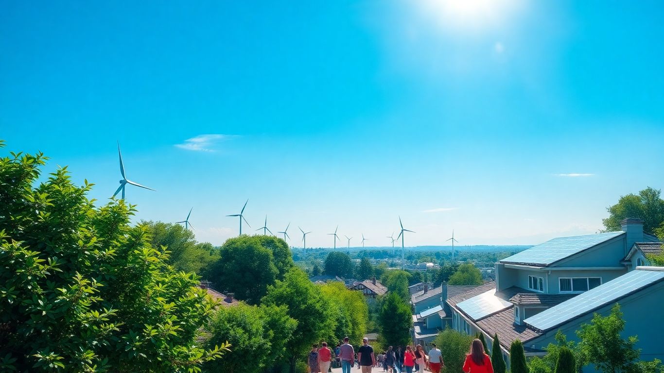 Sustainable city with renewable energy sources and happy people.