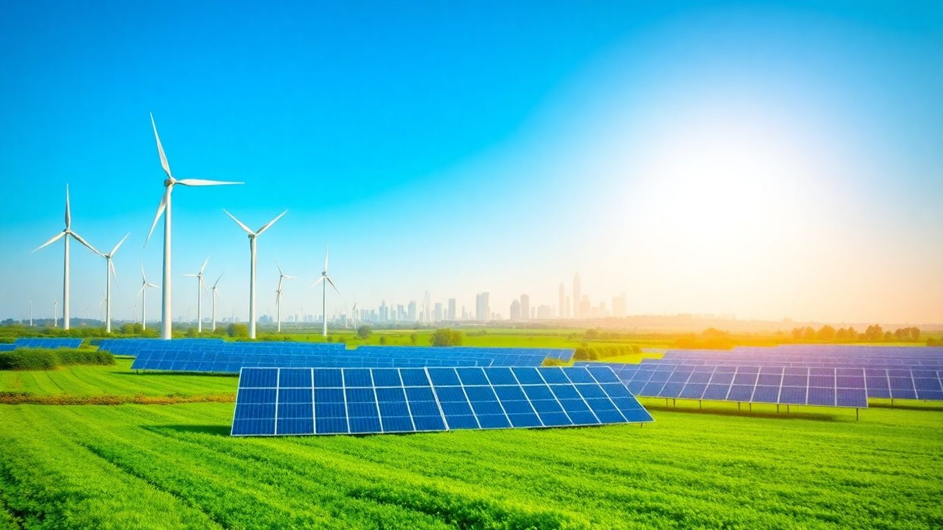 Wind turbines and solar panels in a sunny, green landscape.
