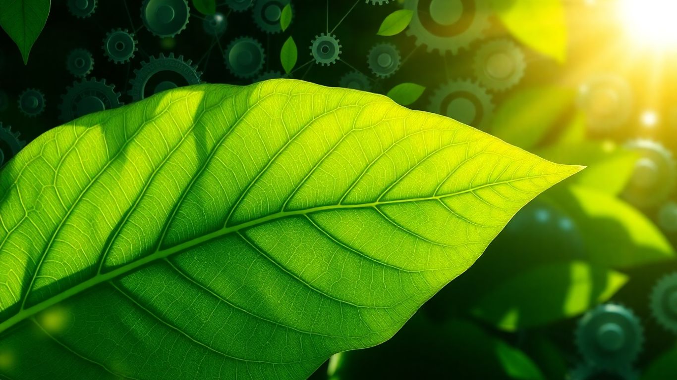 Green leaf integrated with gears and supply chain pathways.