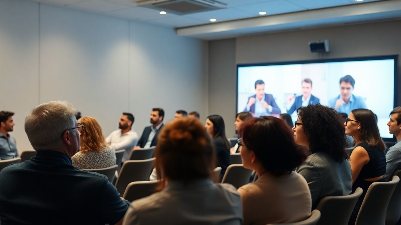 Webinar participants in a professional meeting room.