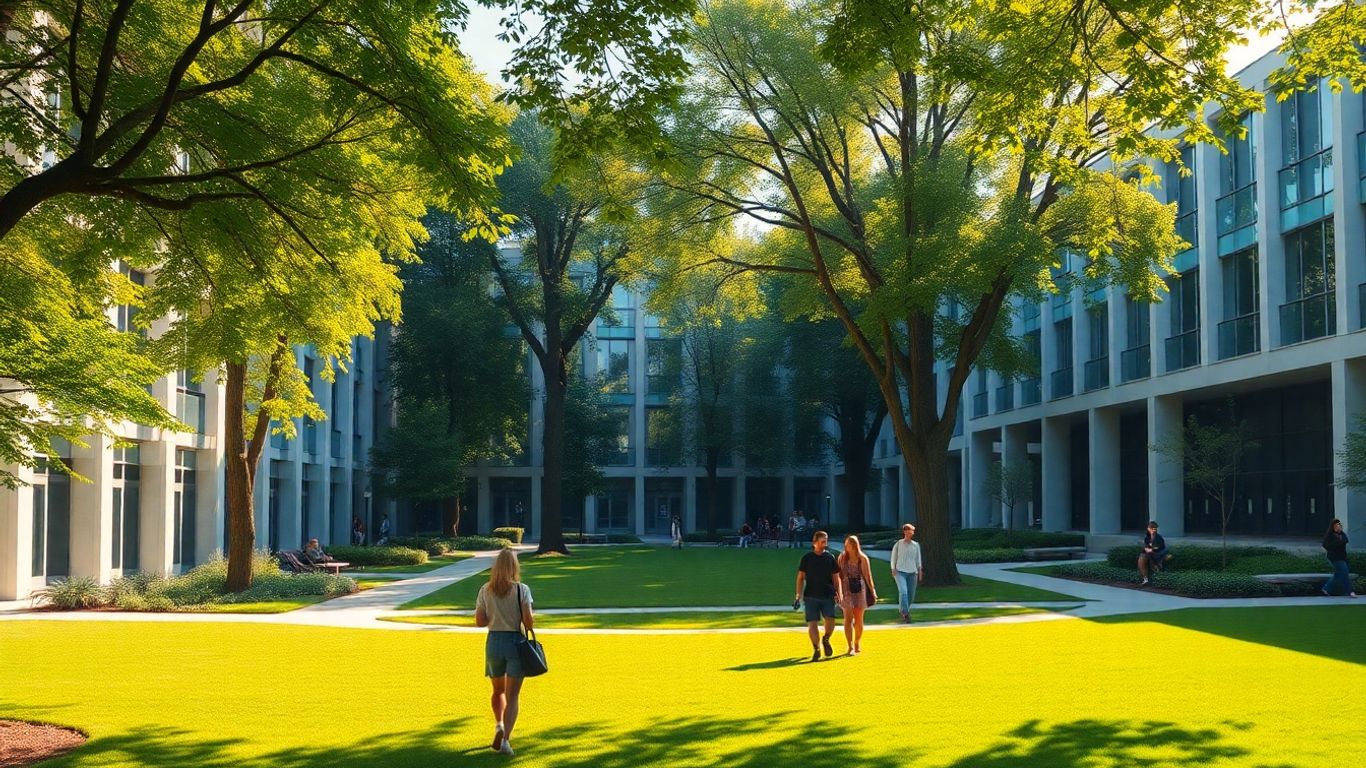 Columbia University campus with green spaces and modern buildings.