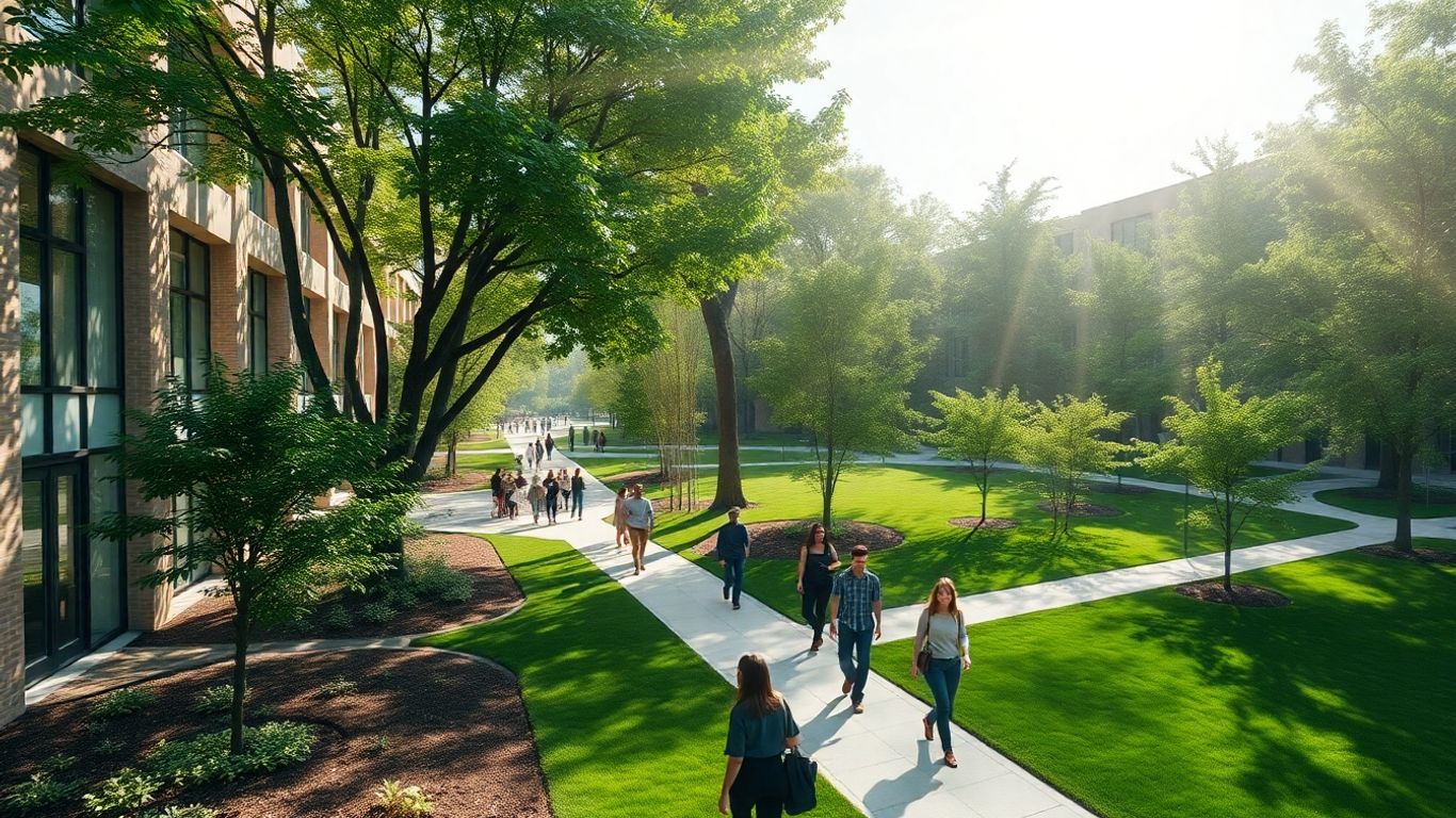 Columbia University campus with students and green spaces.