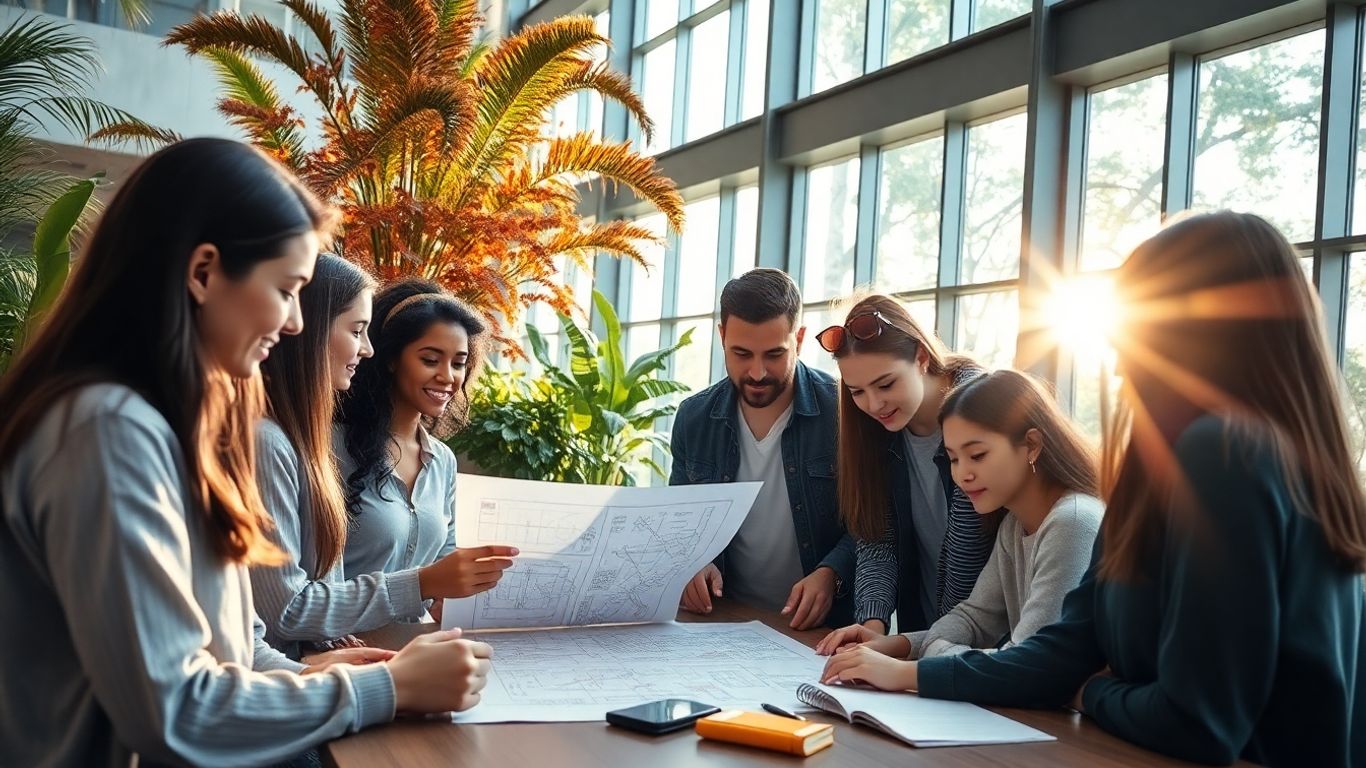 Students in a bright, green classroom working on sustainability projects.