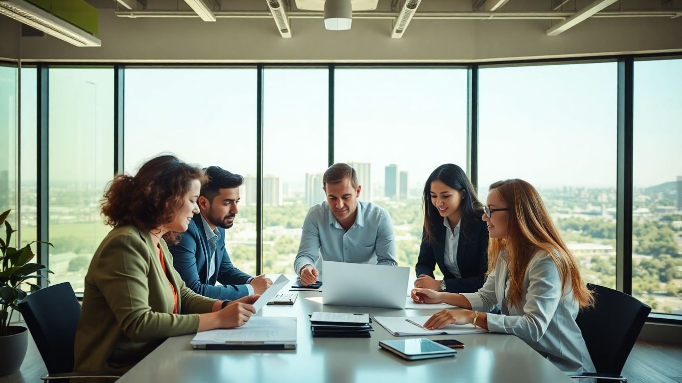 Professionals in a modern green office with city view.