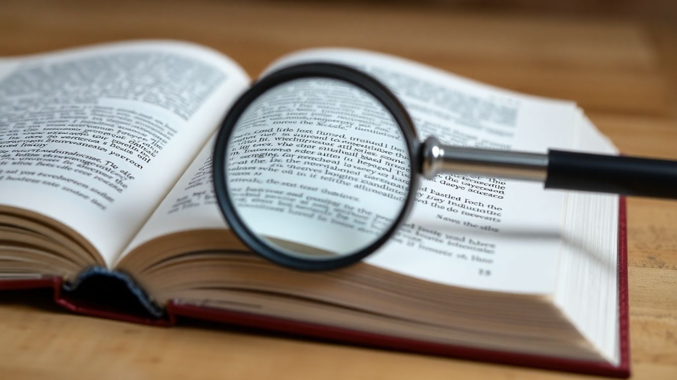 Journal pages with magnifying glass over text.