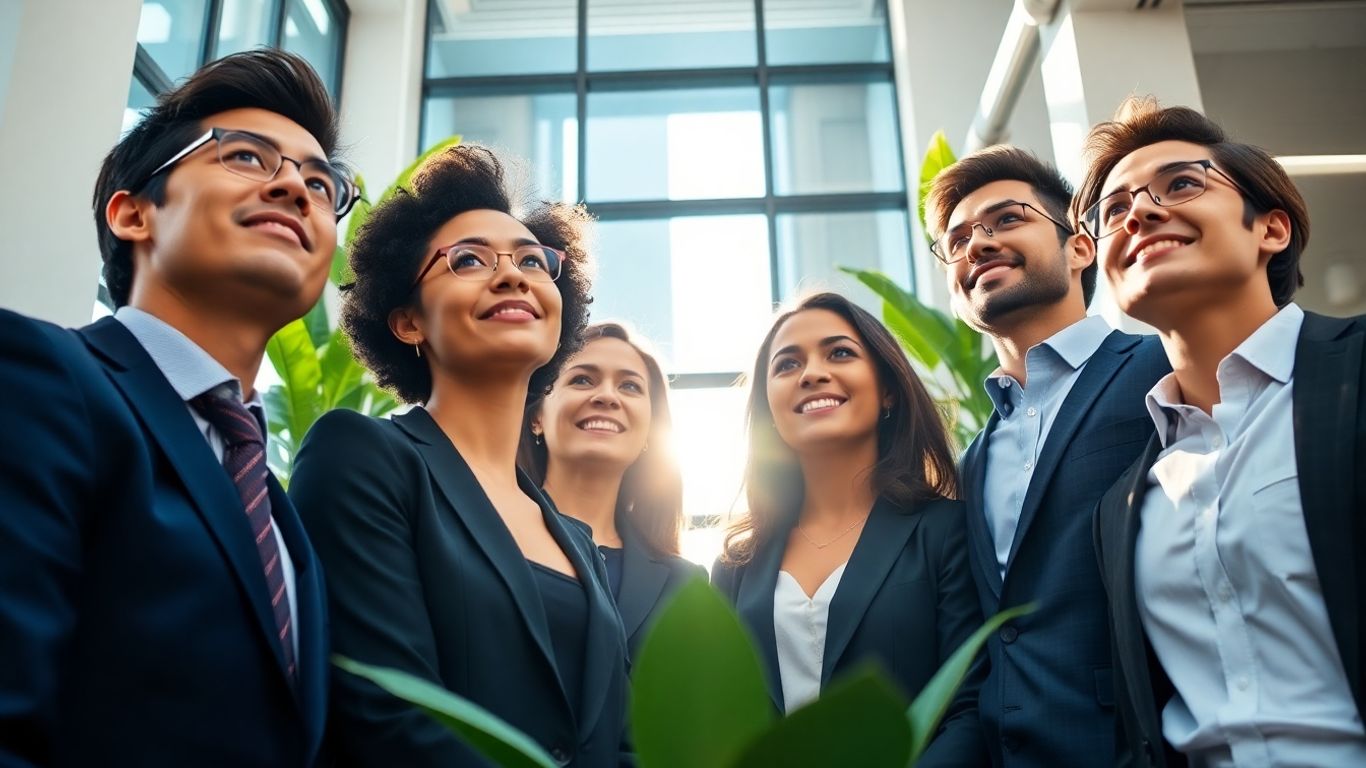 Professionals looking up towards a bright future in ESG.