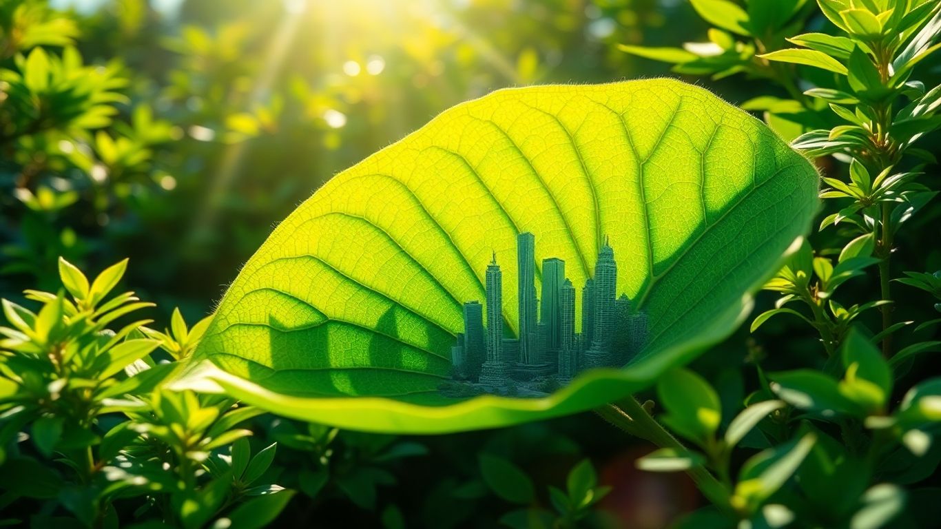 Green leaf with city inside, sunlight, growth.