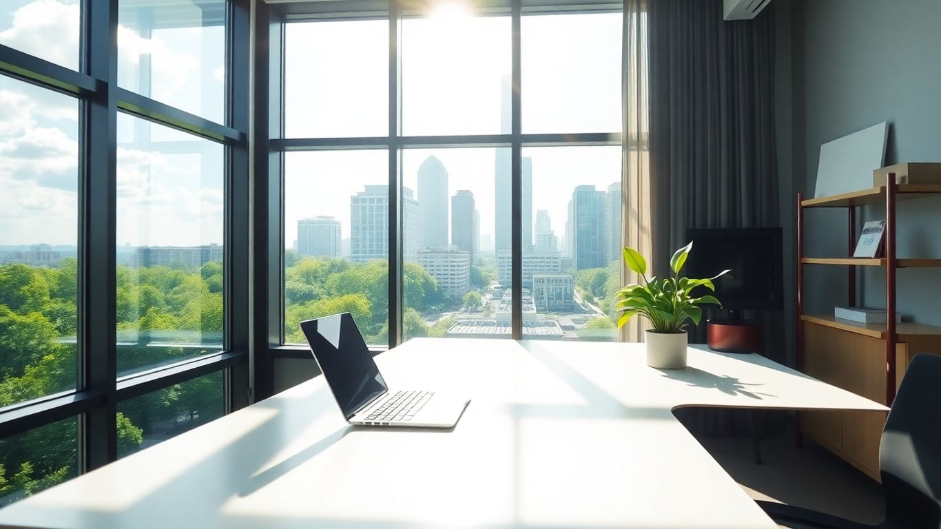 Modern office with green cityscape view