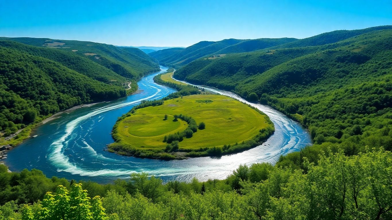 River flowing through green hills under a blue sky.
