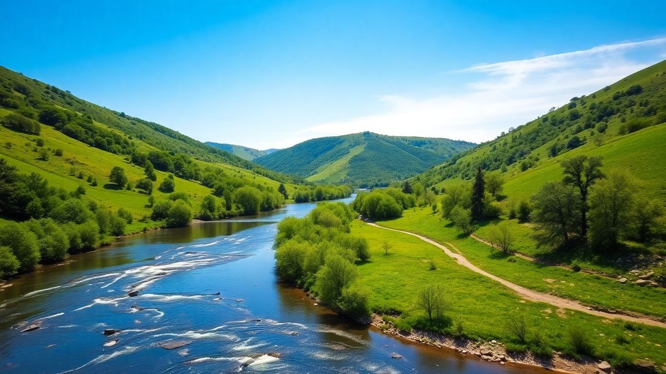 Flowing river through green hills under a blue sky.