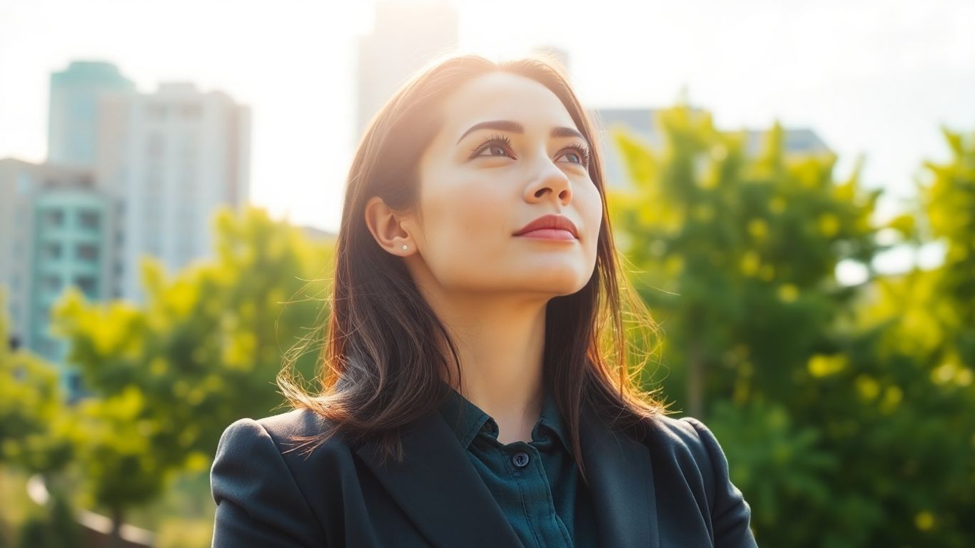 Professional woman looking at a green cityscape.