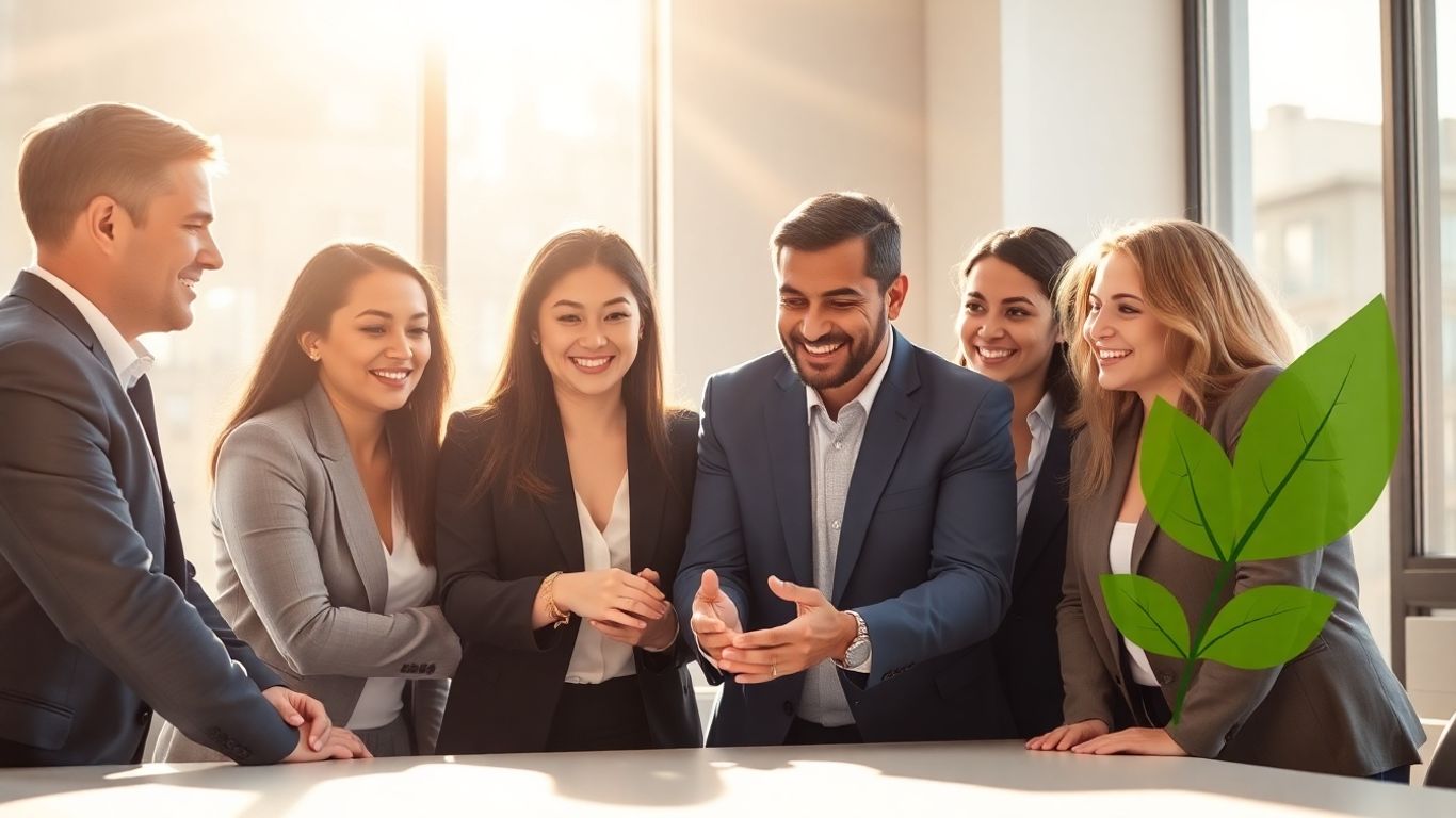 Professionals collaborating with subtle green leaf motif.