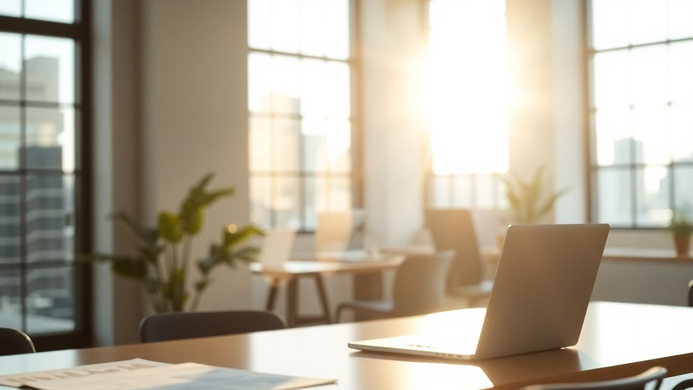 Accounting firm office with sunlight and financial documents.