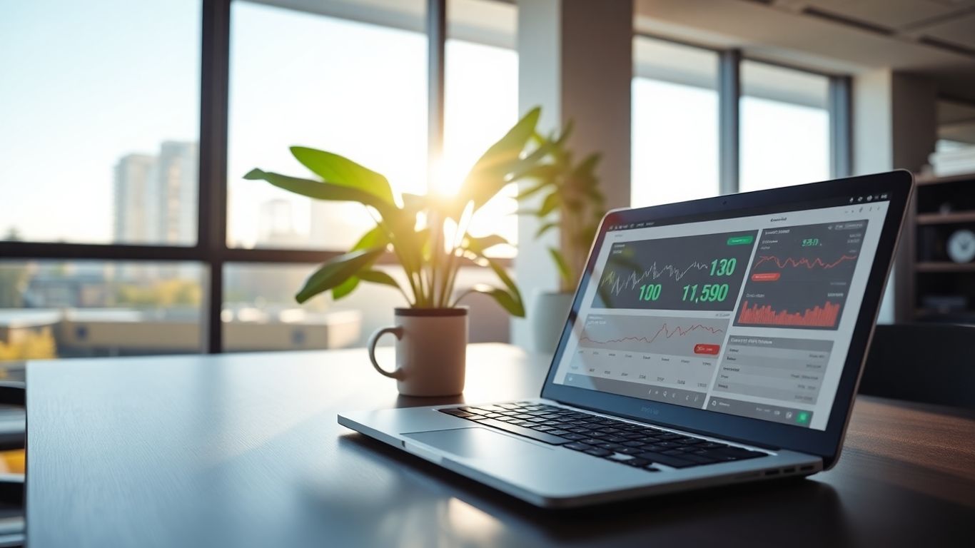 Accounting firm office with laptop showing financial data.