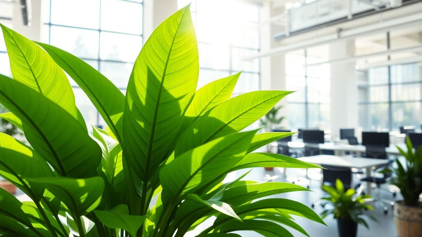 Green plant in a bright, modern office setting.