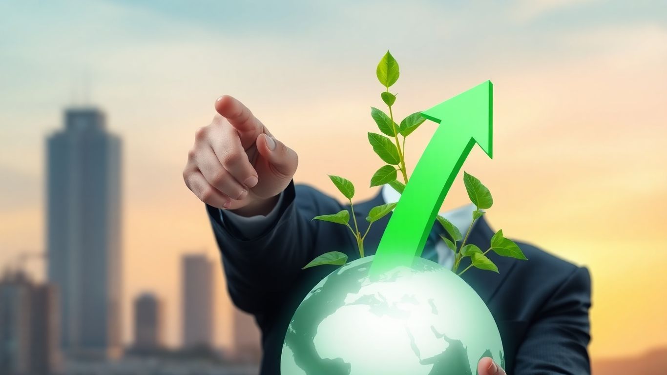 Professional pointing to upward green arrow and globe.