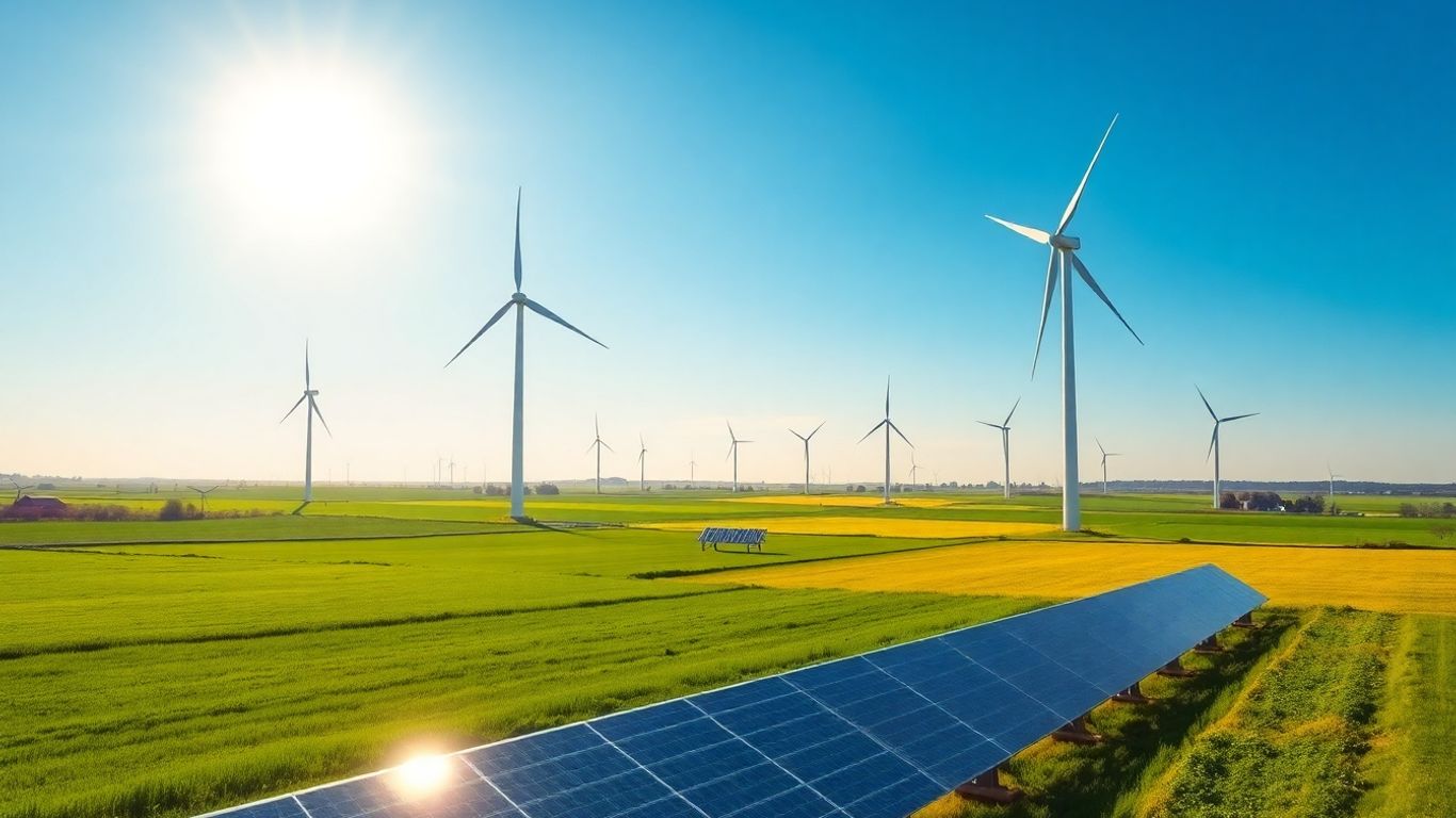 Wind turbines and solar panels in a sunny, green landscape.