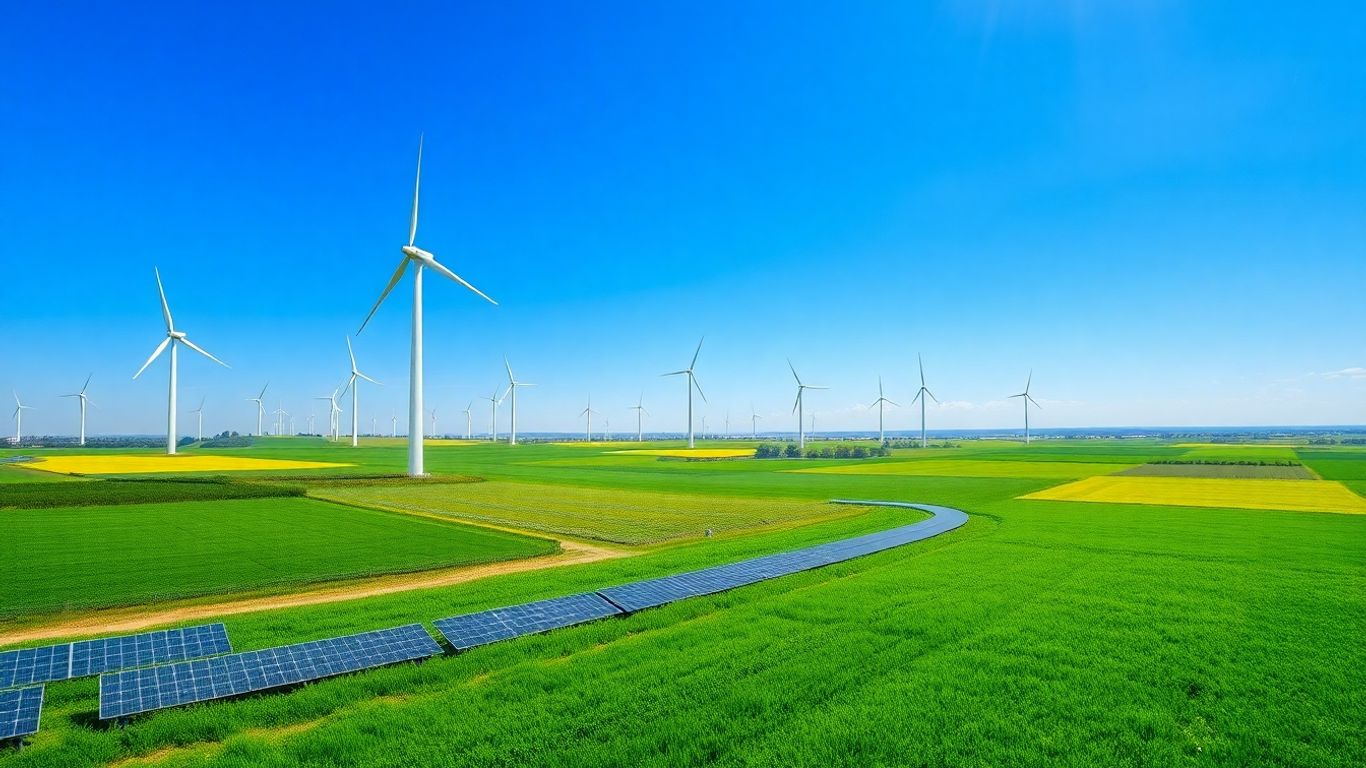 Wind turbines and solar panels in a sunny, green landscape.