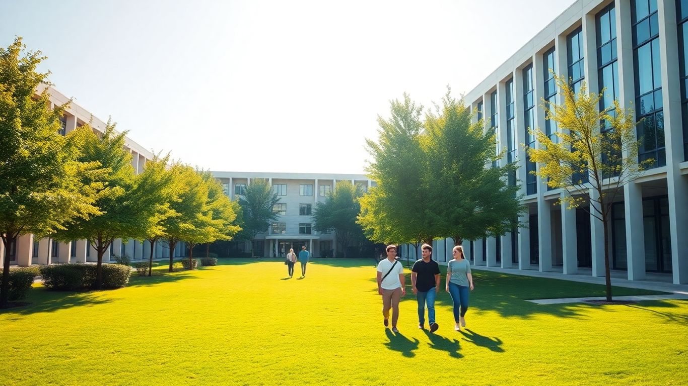 University campus with students and green spaces.