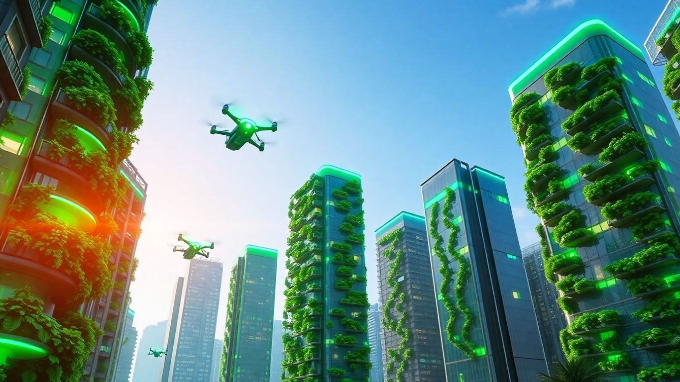 Futuristic green city with drones and vertical gardens.