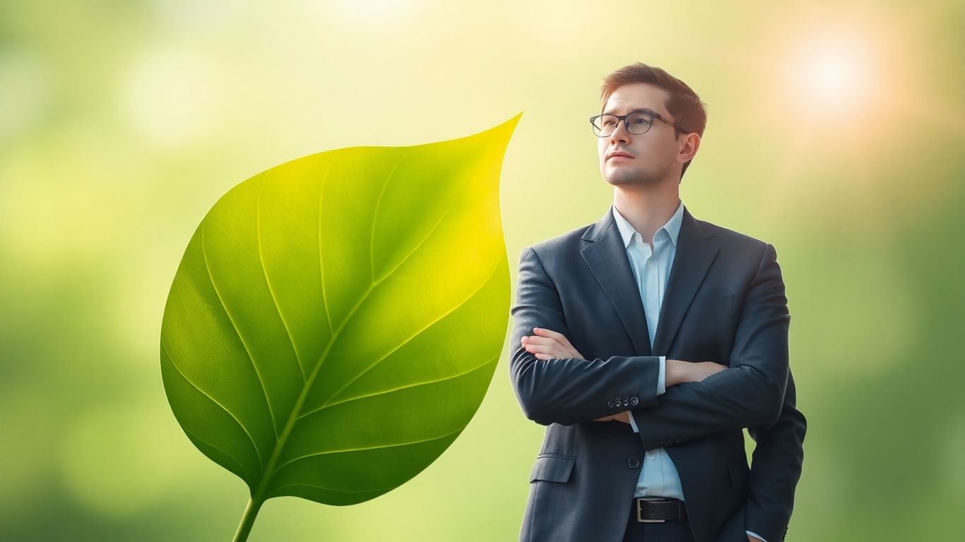 Business professional near a large, glowing green leaf.