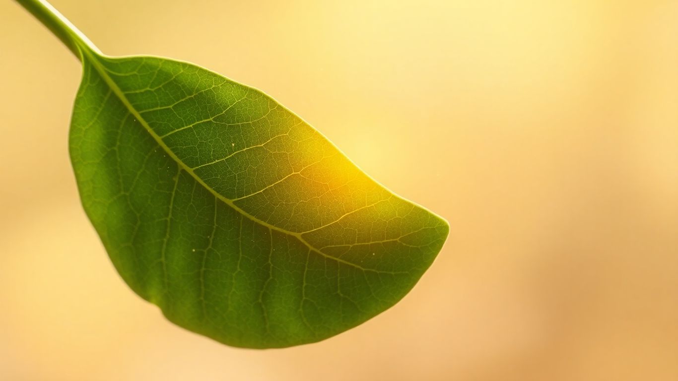 Green leaf with glowing veins and shimmering particles.