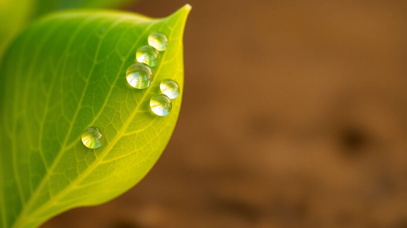 Green leaf with glowing veins and dewdrops.