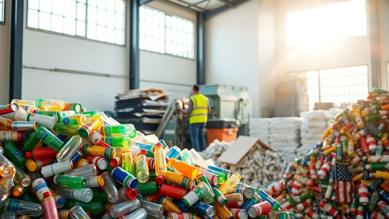 Recycling facility with sorted materials and machinery.