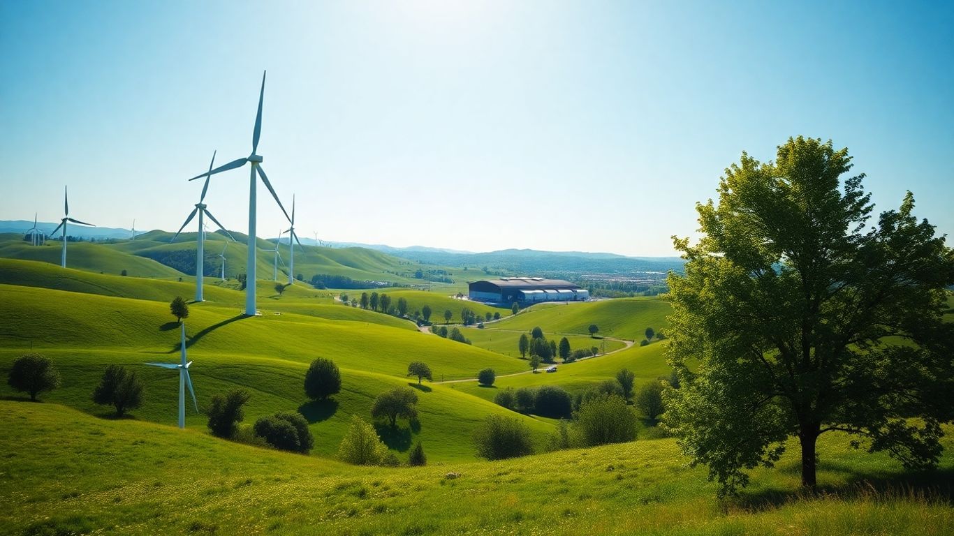 Wind turbines in a green landscape with a recycling facility.