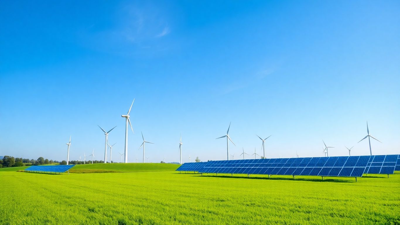 Wind turbines and solar panels in a sunny, green landscape.