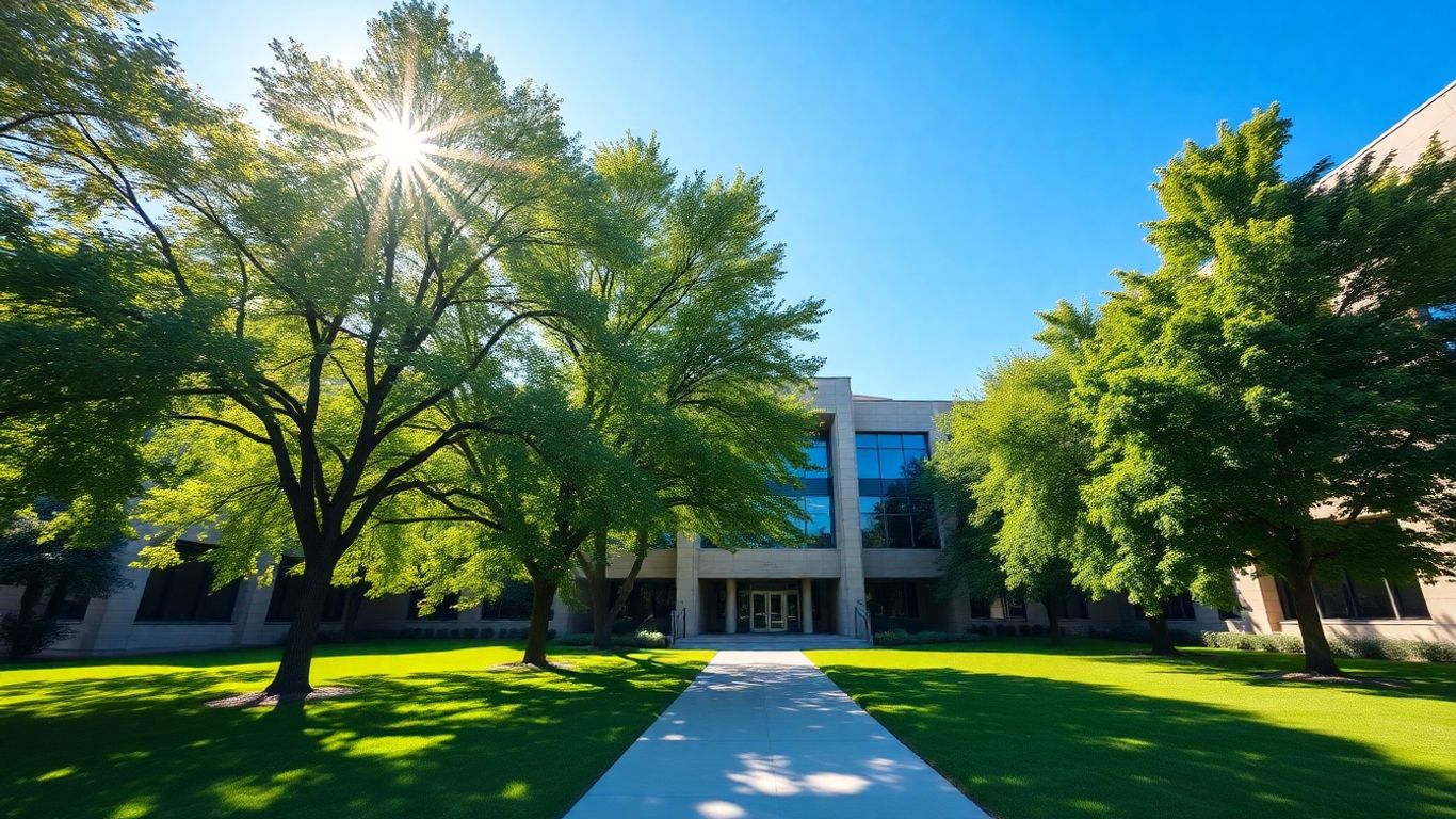 University building with trees and pathway.