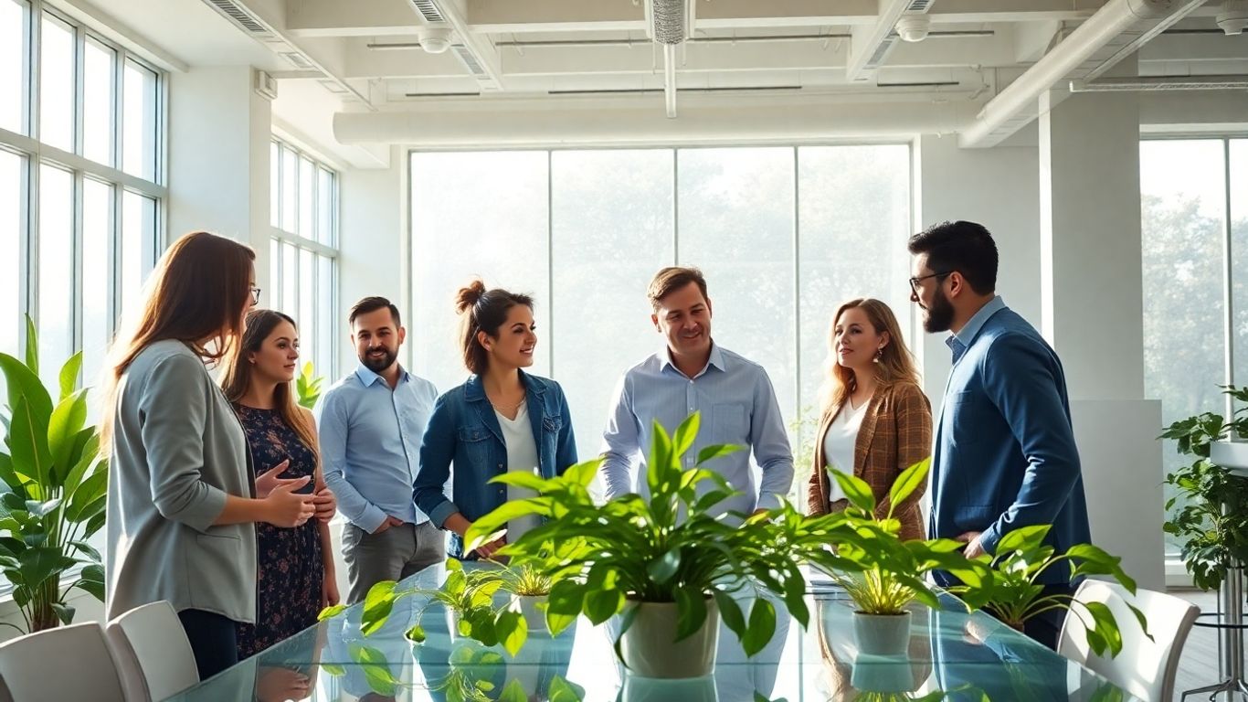Diverse team collaborating in a bright, modern office.