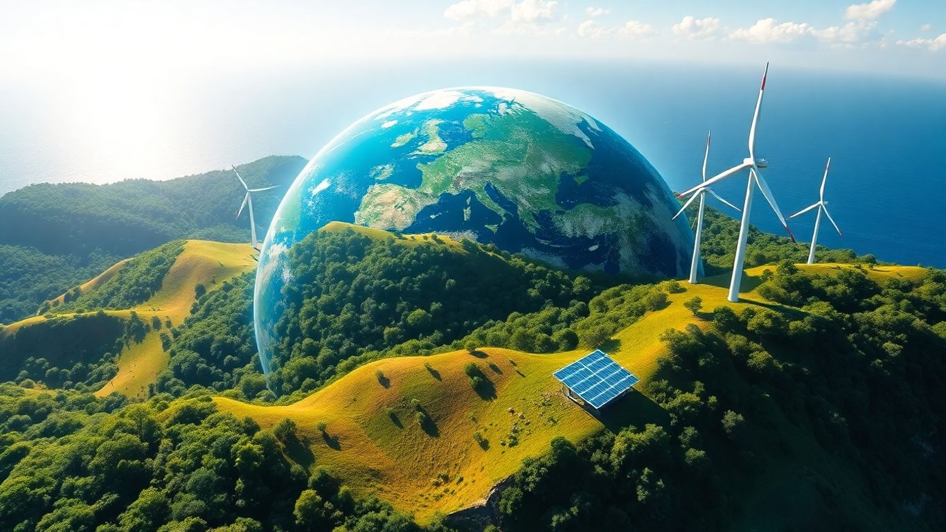 Planet Earth with wind turbines and solar panels.
